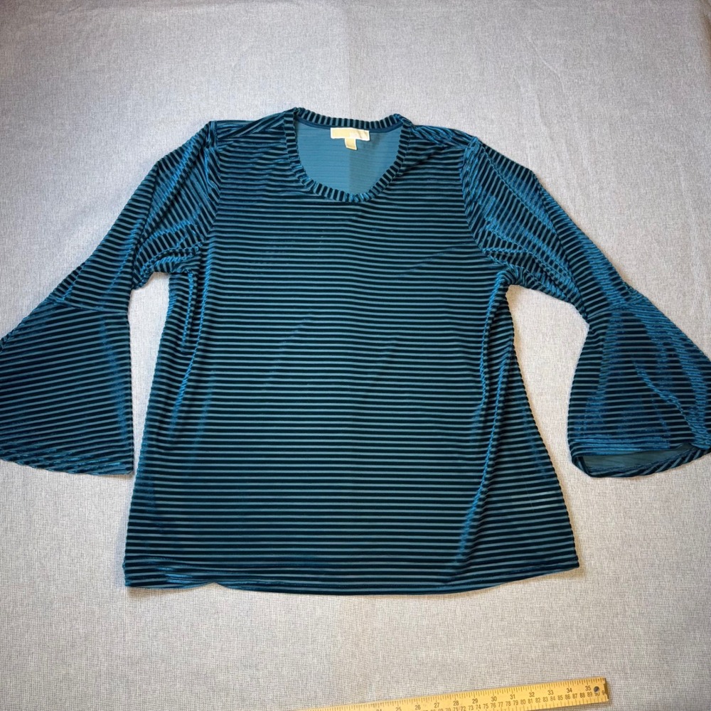 Michael Michael Kors Blue/Green Striped Velvet Burnout Bell Sleeve Top 2X